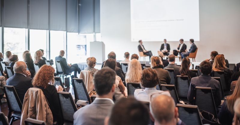 Round table discussion at business convention and presentation